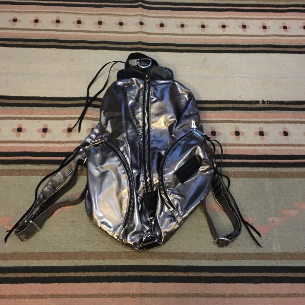 Rebecca Minkoff Silver metallic bookbag back pack crossbody zipper bag GUC